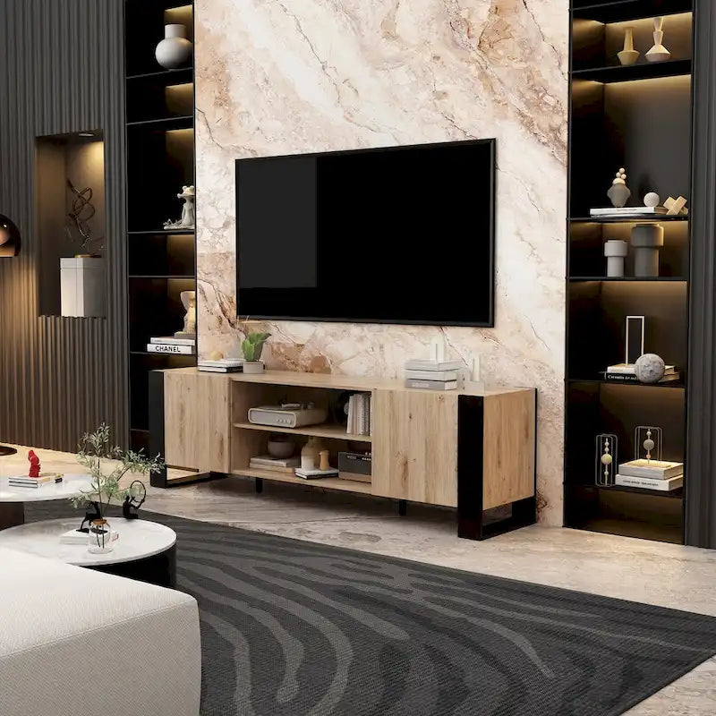 Wood Grain & Black TV Stand with Electric Fireplace Insert, 3 Options, for 1 Room