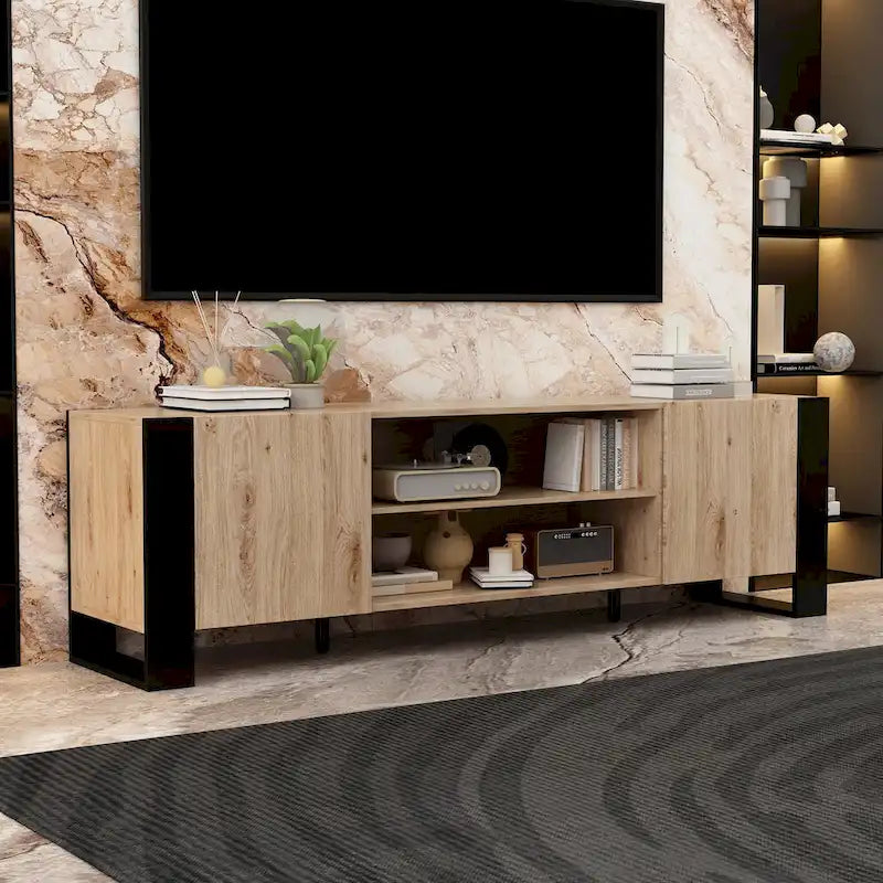 Wood Grain & Black TV Stand with Electric Fireplace Insert, 3 Options, for 1 Room