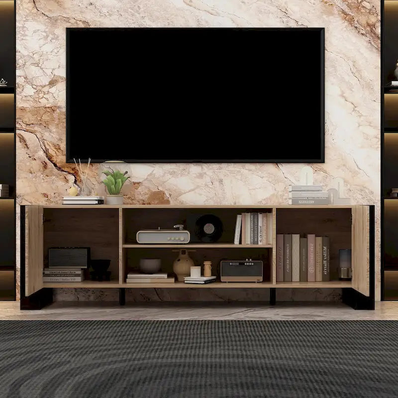 Wood Grain & Black TV Stand with Electric Fireplace Insert, 3 Options, for 1 Room