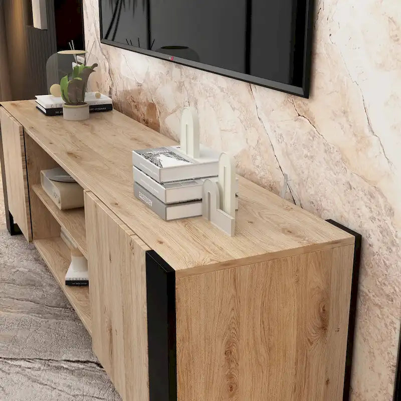 Wood Grain & Black TV Stand with Electric Fireplace Insert, 3 Options, for 1 Room