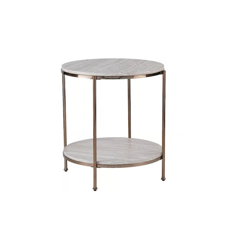 HomeRoots 24  Champagne Faux Marble And Iron Round End Table With Shelf - 22x22x24.25