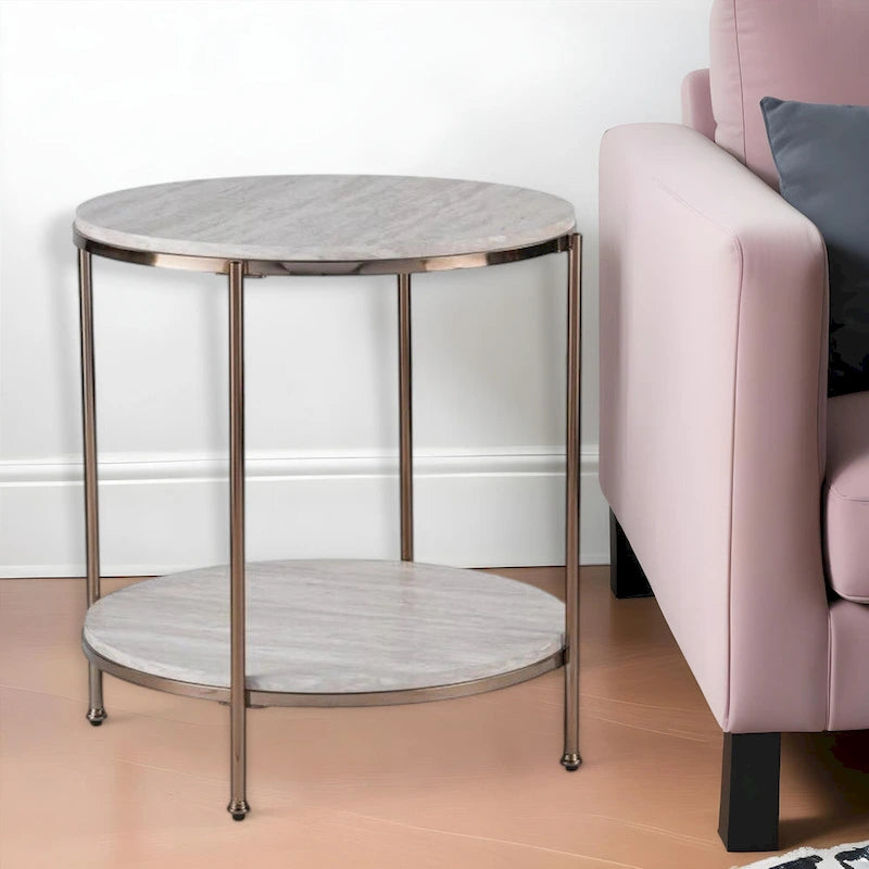 Table d'appoint ronde couleur champagne avec étagère, plateau en faux marbre, pour 1 personne