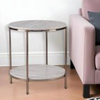 Table d'appoint ronde couleur champagne avec étagère, plateau en faux marbre, pour 1 personne