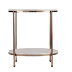 Table d'appoint ronde couleur champagne avec étagère, plateau en faux marbre, pour 1 personne