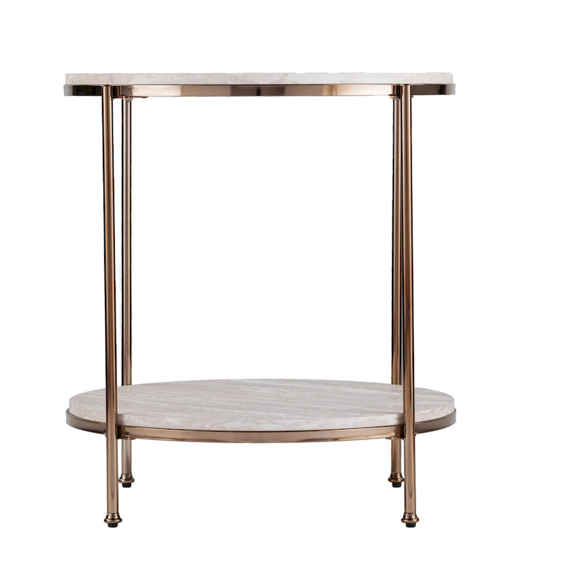 Table d'appoint ronde couleur champagne avec étagère, plateau en faux marbre, pour 1 personne