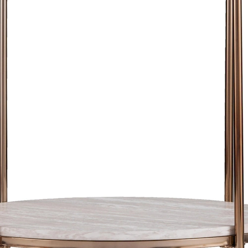 Table d'appoint ronde couleur champagne avec étagère, plateau en faux marbre, pour 1 personne