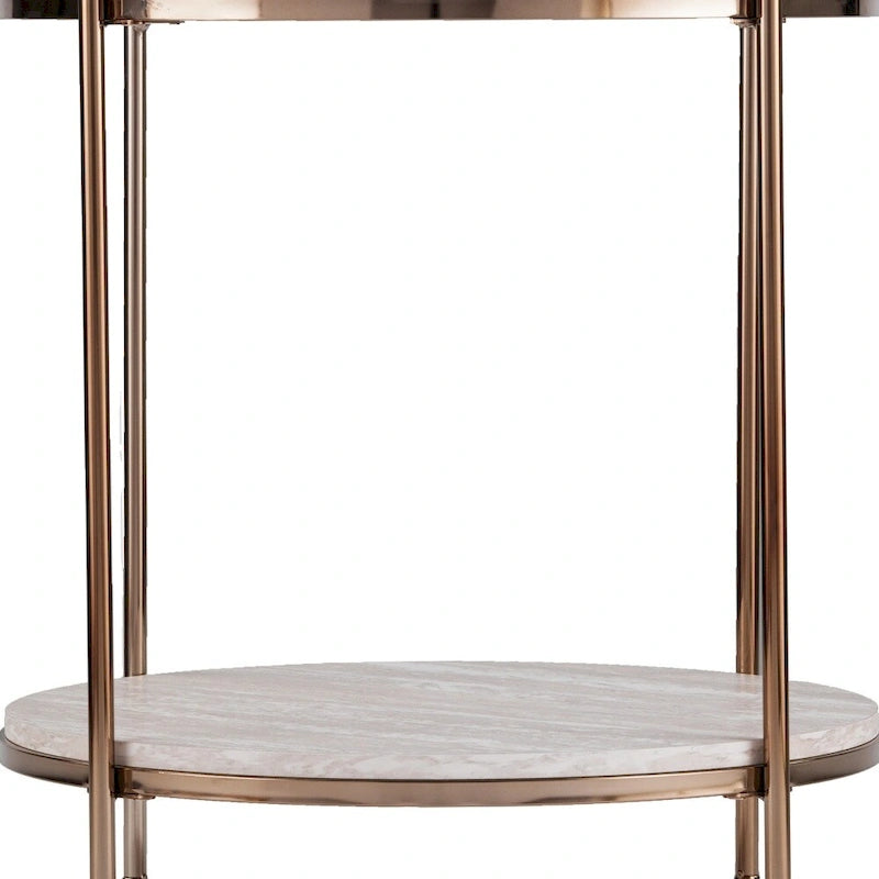 Table d'appoint ronde couleur champagne avec étagère, plateau en faux marbre, pour 1 personne