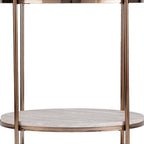 Table d'appoint ronde couleur champagne avec étagère, plateau en faux marbre, pour 1 personne