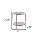 Table d'appoint ronde couleur champagne avec étagère, plateau en faux marbre, pour 1 personne