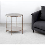 Table d'appoint ronde couleur champagne avec étagère, plateau en faux marbre, pour 1 personne