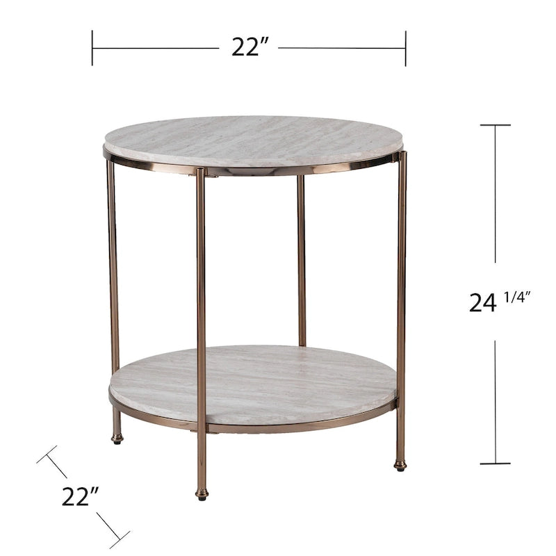 Table d'appoint ronde couleur champagne avec étagère, plateau en faux marbre, pour 1 personne