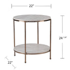 Table d'appoint ronde couleur champagne avec étagère, plateau en faux marbre, pour 1 personne