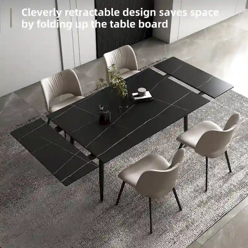 Ensemble table à manger extensible en pierre frittée blanche/noire, 6 à 10 places