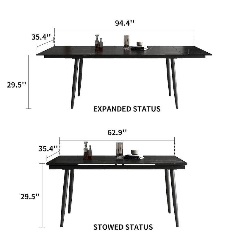 Ensemble table à manger extensible en pierre frittée blanche/noire, 6 à 10 places