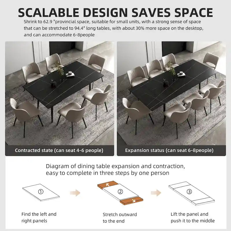 Ensemble table à manger extensible en pierre frittée blanche/noire, 6 à 10 places