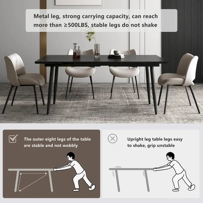 Ensemble table à manger extensible en pierre frittée blanche/noire, 6 à 10 places