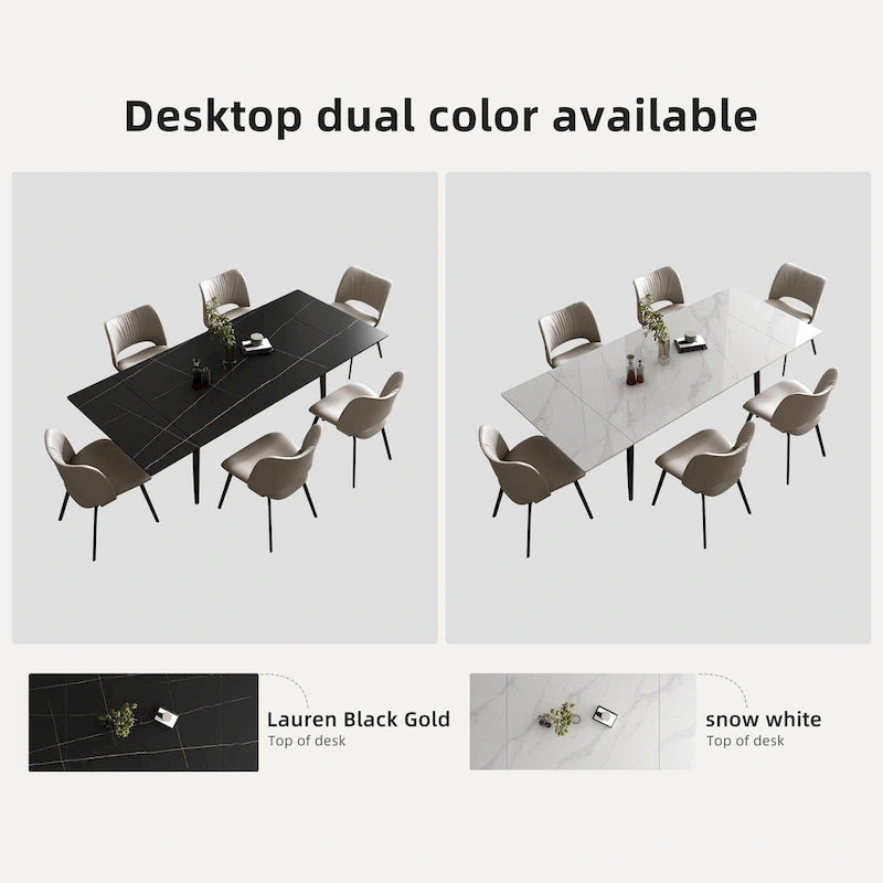 Ensemble table à manger extensible en pierre frittée blanche/noire, 6 à 10 places