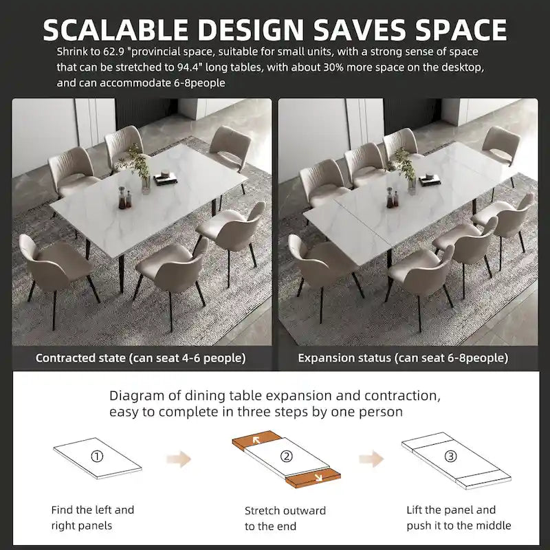 Ensemble table à manger extensible en pierre frittée blanche/noire, 6 à 10 places