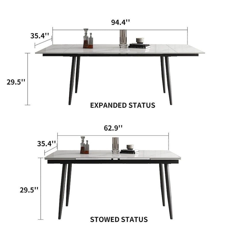 Ensemble table à manger extensible en pierre frittée blanche/noire, 6 à 10 places