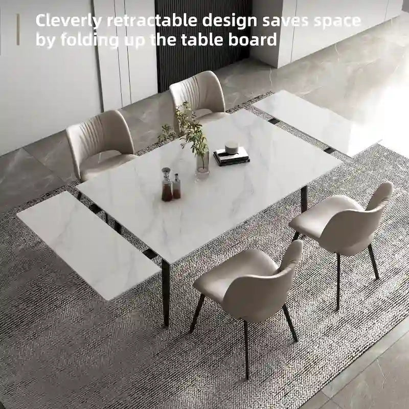 Ensemble table à manger extensible en pierre frittée blanche/noire, 6 à 10 places