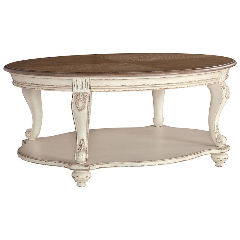 White/Brown Oval Coffee Table, Wood Top, 2-Tier, 1-Person Use