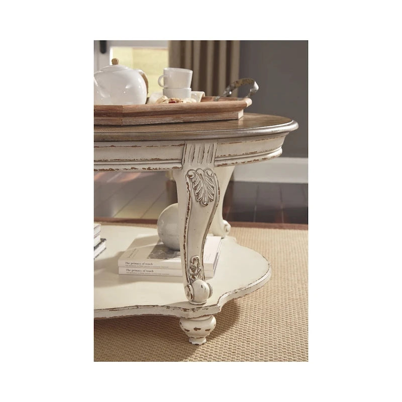 White/Brown Oval Coffee Table, Wood Top, 2-Tier, 1-Person Use