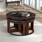 Espresso Brown Glass Top Round Coffee Table Set with 4 Faux Leather Stools, Seats 4