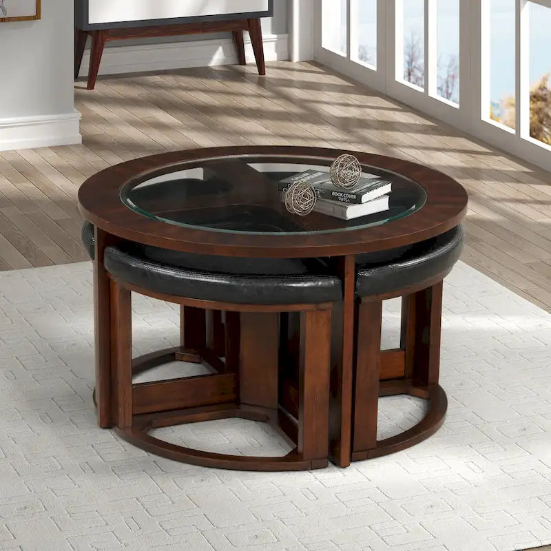 Espresso Brown Glass Top Round Coffee Table Set with 4 Faux Leather Stools, Seats 4