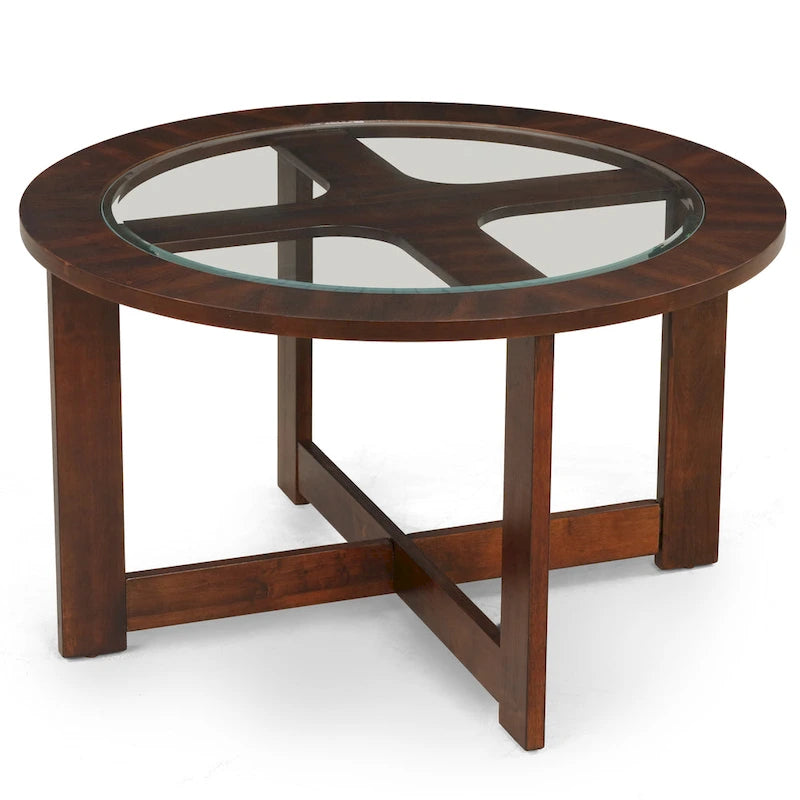 Espresso Brown Glass Top Round Coffee Table Set with 4 Faux Leather Stools, Seats 4