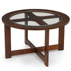 Espresso Brown Glass Top Round Coffee Table Set with 4 Faux Leather Stools, Seats 4