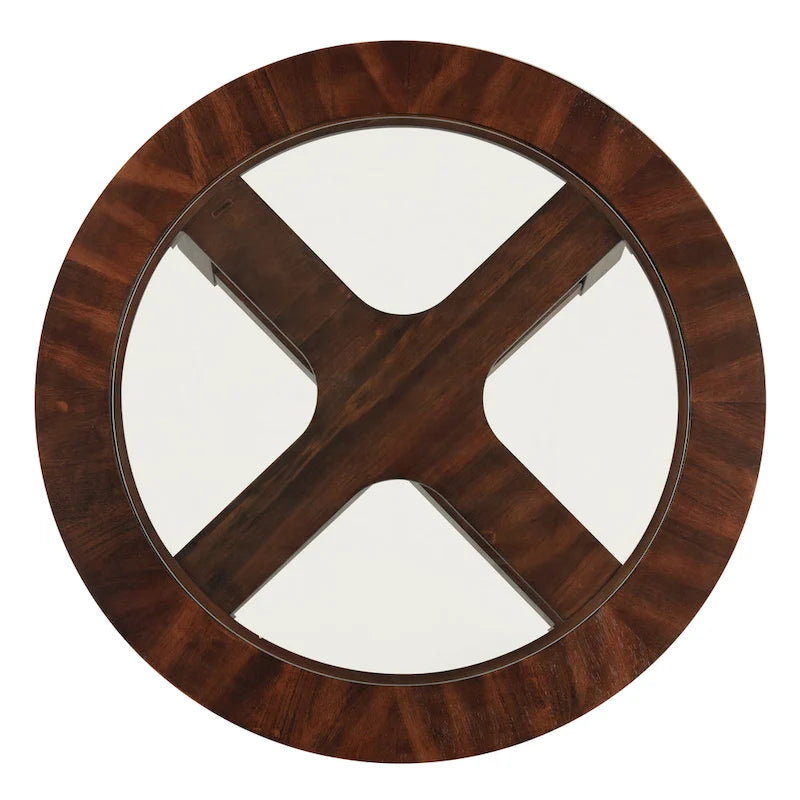 Espresso Brown Glass Top Round Coffee Table Set with 4 Faux Leather Stools, Seats 4