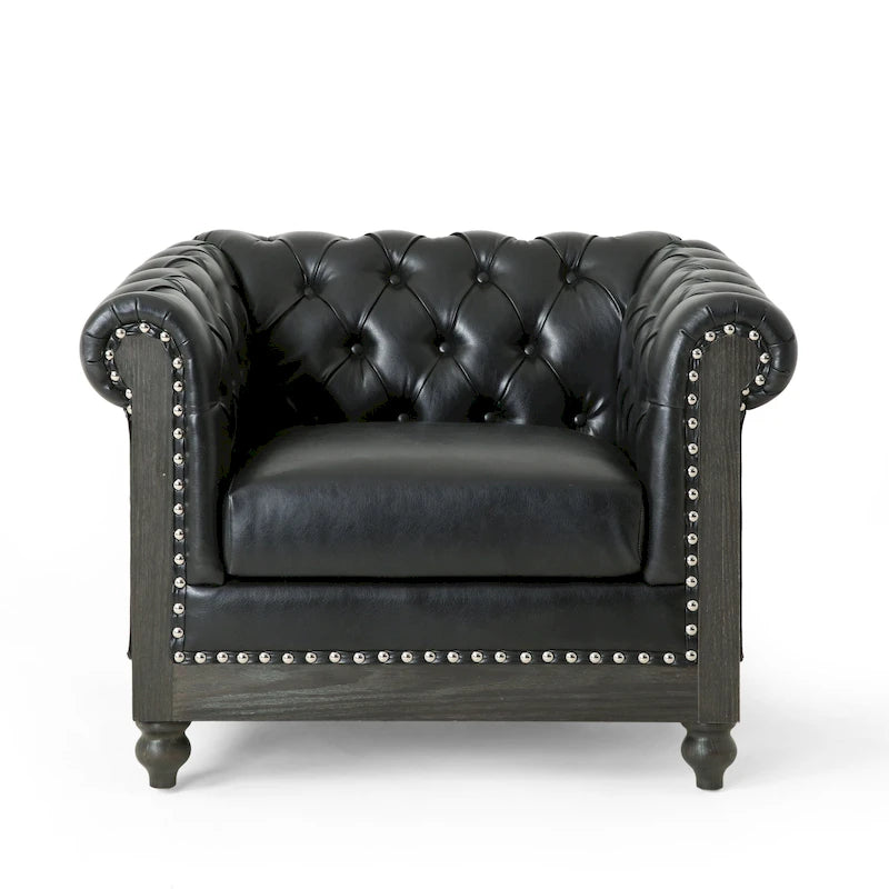 Two-Tone Chesterfield Tufted Club Chair, Faux Leather / Fabric, 1-Seat