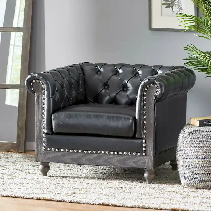 Fauteuil Club Chesterfield Capitonné Bicolore, Similicuir / Tissu, 1 Place