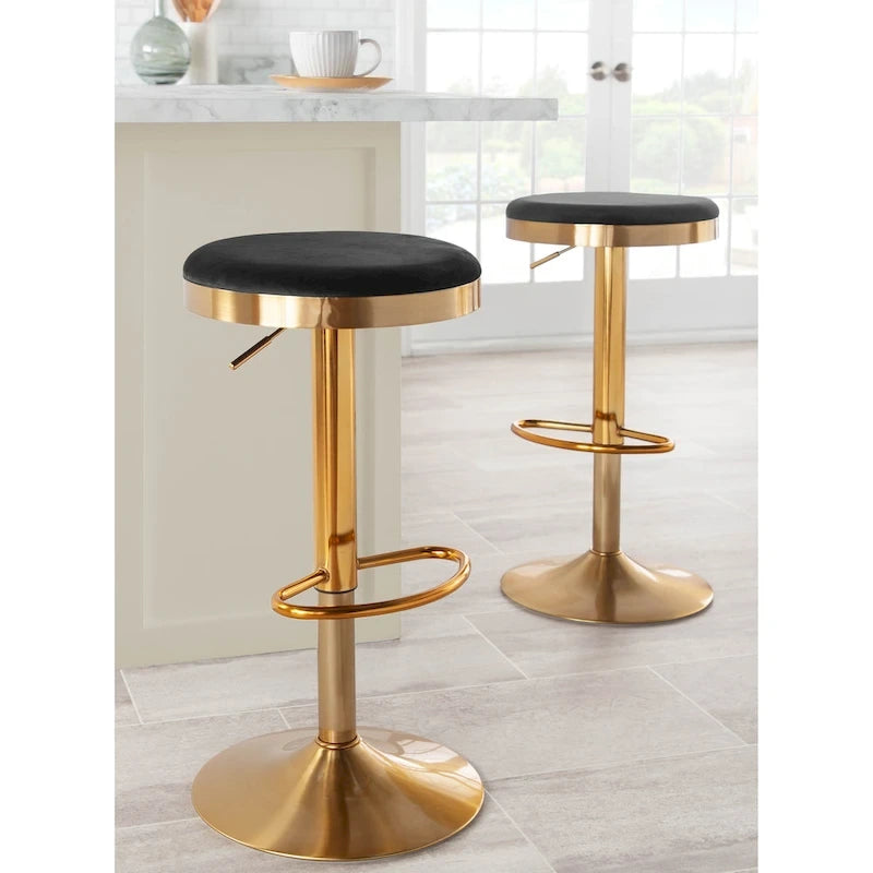 Lumisource Dakota Barstool in Gold Steel and White Leather - Set of 2 - 15 Lx15 Wx23-31.75 H