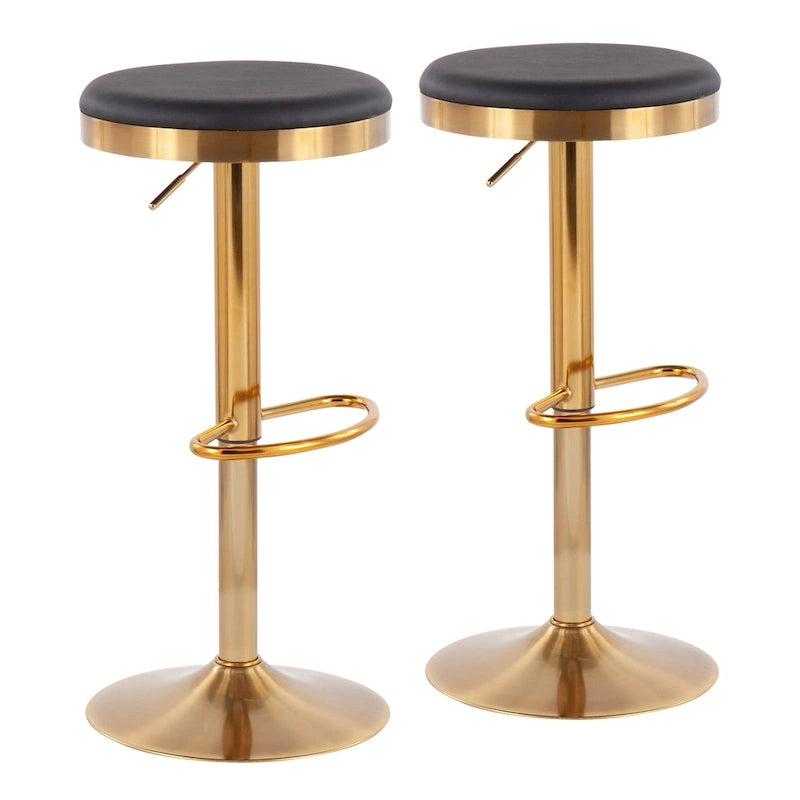 Gold Steel Swivel Bar Stool, Velvet / Faux Leather, Set of 2