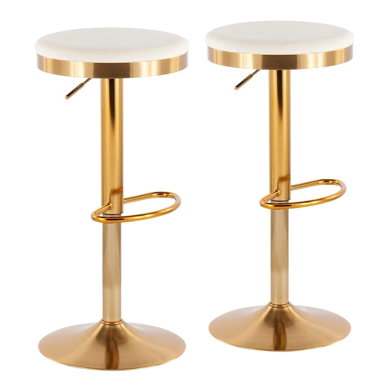 Gold Steel Swivel Bar Stool, Velvet / Faux Leather, Set of 2