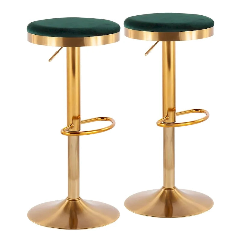 Gold Steel Swivel Bar Stool, Velvet / Faux Leather, Set of 2