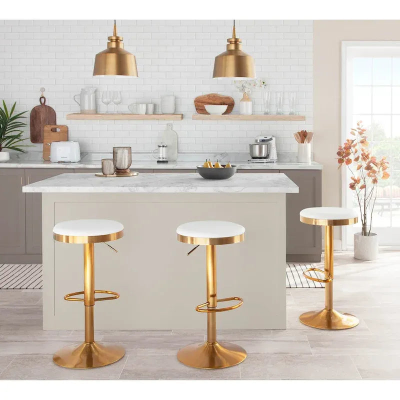 Gold Steel Swivel Bar Stool, Velvet / Faux Leather, Set of 2