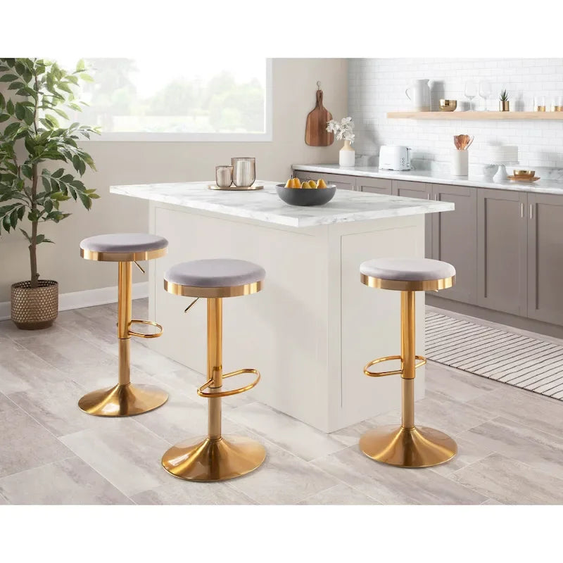 Gold Steel Swivel Bar Stool, Velvet / Faux Leather, Set of 2