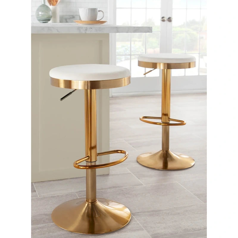 Gold Steel Swivel Bar Stool, Velvet / Faux Leather, Set of 2