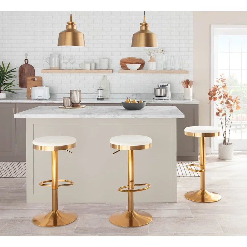 Gold Steel Swivel Bar Stool, Velvet / Faux Leather, Set of 2