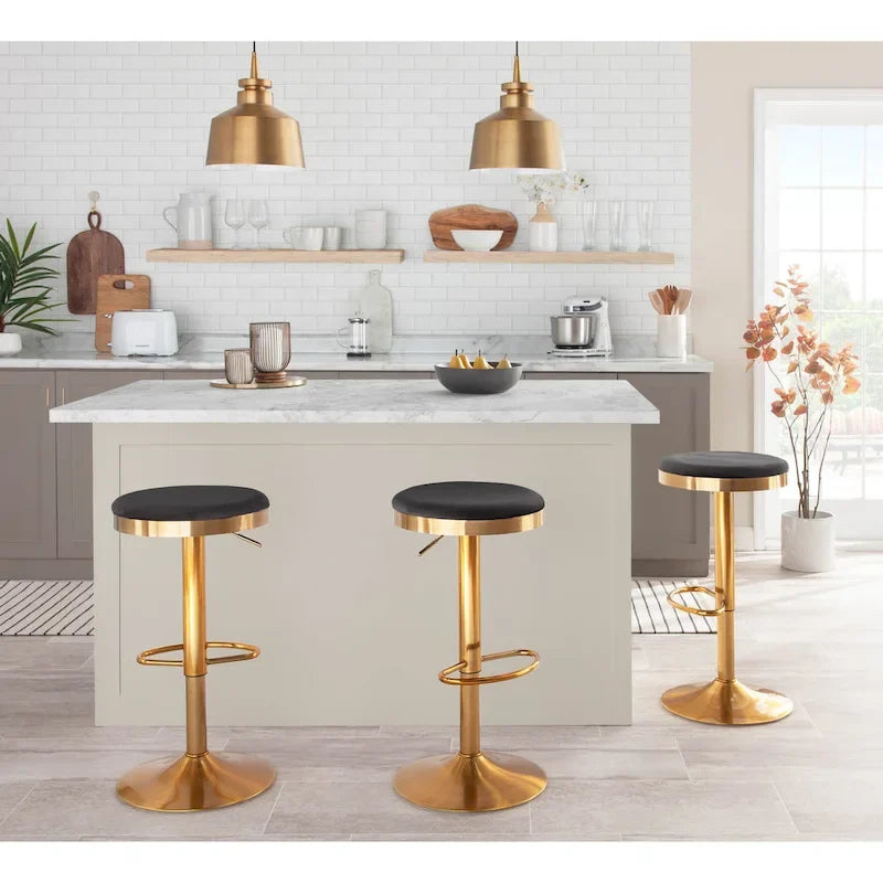 Gold Steel Swivel Bar Stool, Velvet / Faux Leather, Set of 2