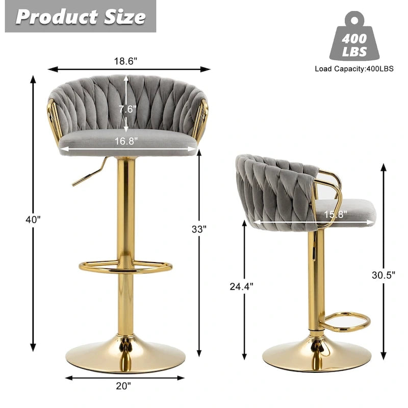 Lot de 4 tabourets de bar réglables en hauteur pivotants en velours tissé