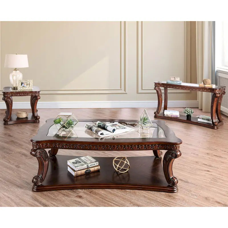 Table d'appoint en chêne foncé avec plateau en verre et étagère inférieure, style traditionnel, simple