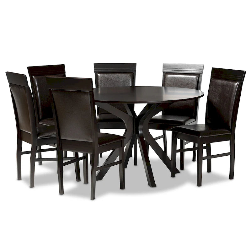Brown Faux Leather Modern 7-Person Dining Set (1 Table + 6 Chairs)