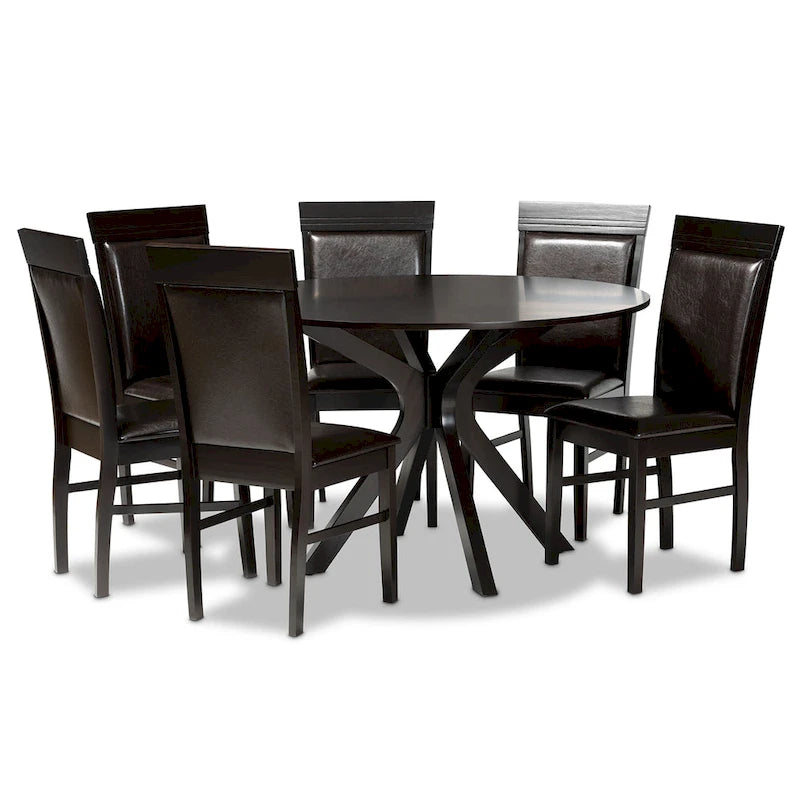 Brown Faux Leather Modern 7-Person Dining Set (1 Table + 6 Chairs)