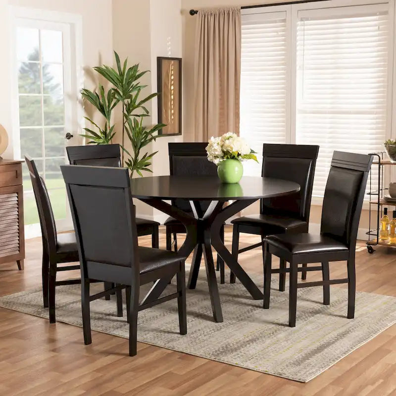 Brown Faux Leather Modern 7-Person Dining Set (1 Table + 6 Chairs)