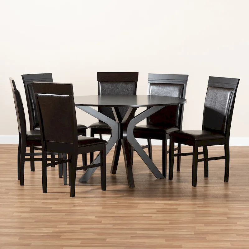 Brown Faux Leather Modern 7-Person Dining Set (1 Table + 6 Chairs)