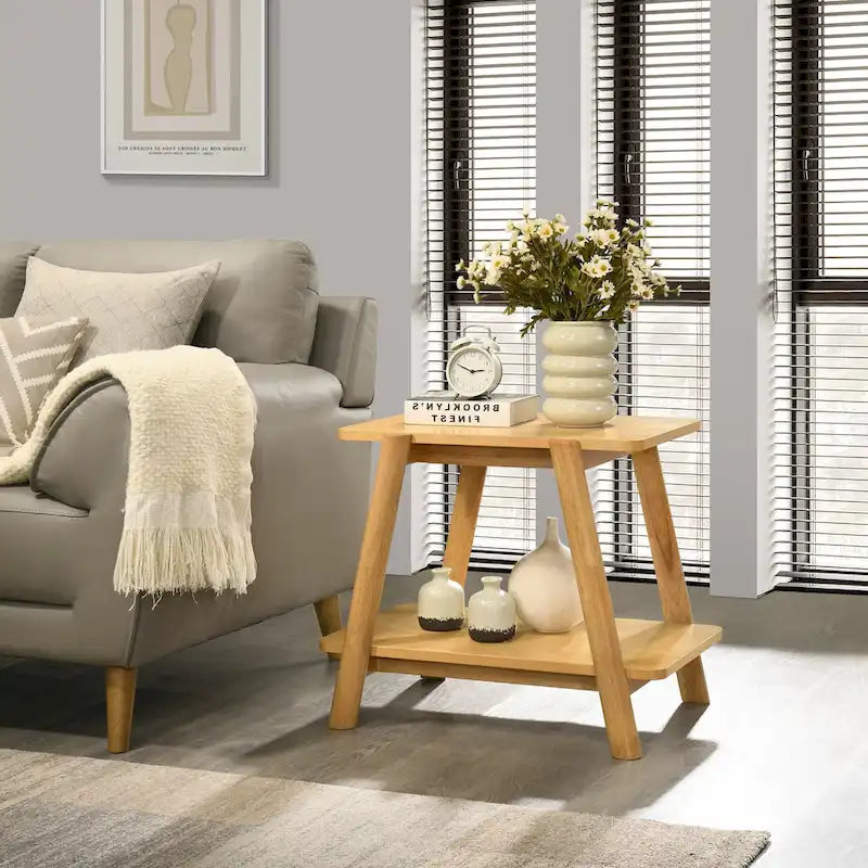 Table d'appoint étagère en bois noyer/chêne naturel/blanc cassé de style moderne milieu de siècle