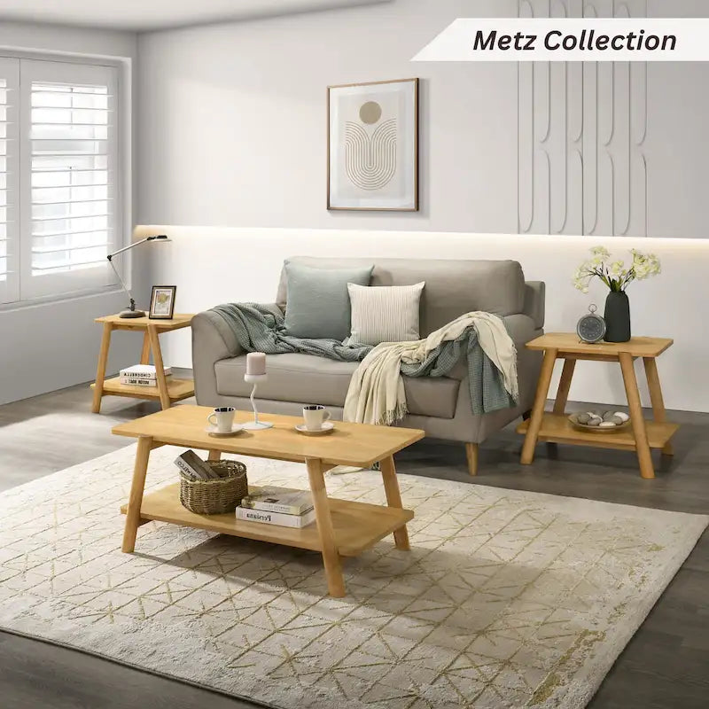 Table d'appoint étagère en bois noyer/chêne naturel/blanc cassé de style moderne milieu de siècle